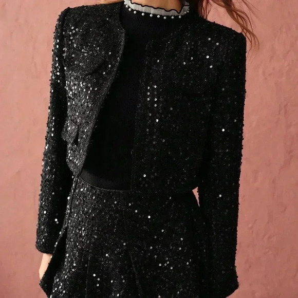 Black Party Women's Romantic Elegant Sequin Cropped Sparkling Tweed Jacket - Picture 4 of 8
